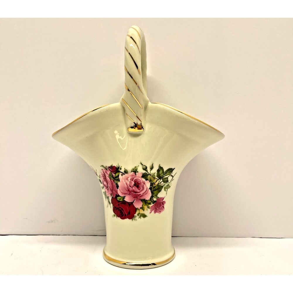 Formalities by Baum Bros Victorian Rose Fan Basket Vase 9" Gold Trim-Vintage